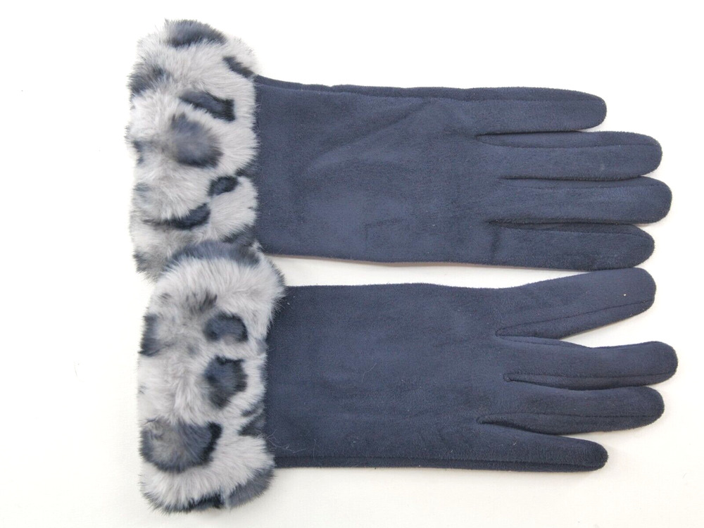 Fur Glove Women Black/Grey Leopard Faux Fur Trim and blue. Very soft fur